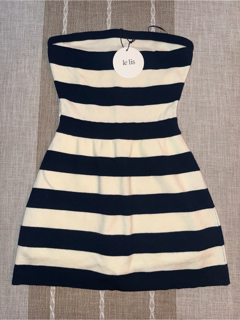 Le Lis Strapless Navy and White Striped Fit-and-Flare Dress